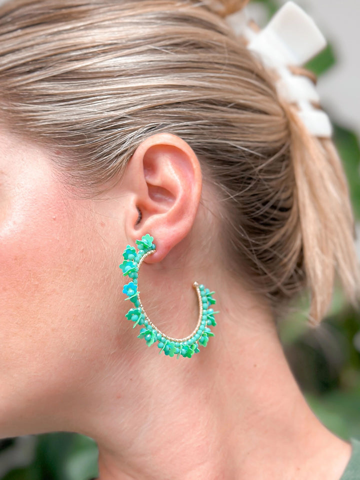 Flower Fringe Hoop Earrings - Green