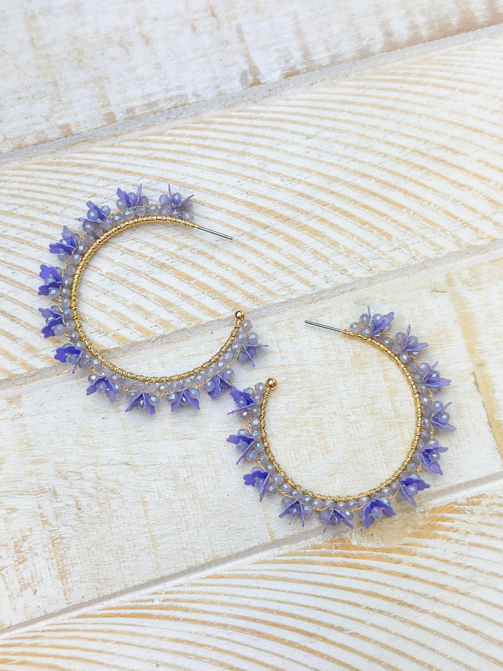 Flower Fringe Hoop Earrings - Lavender