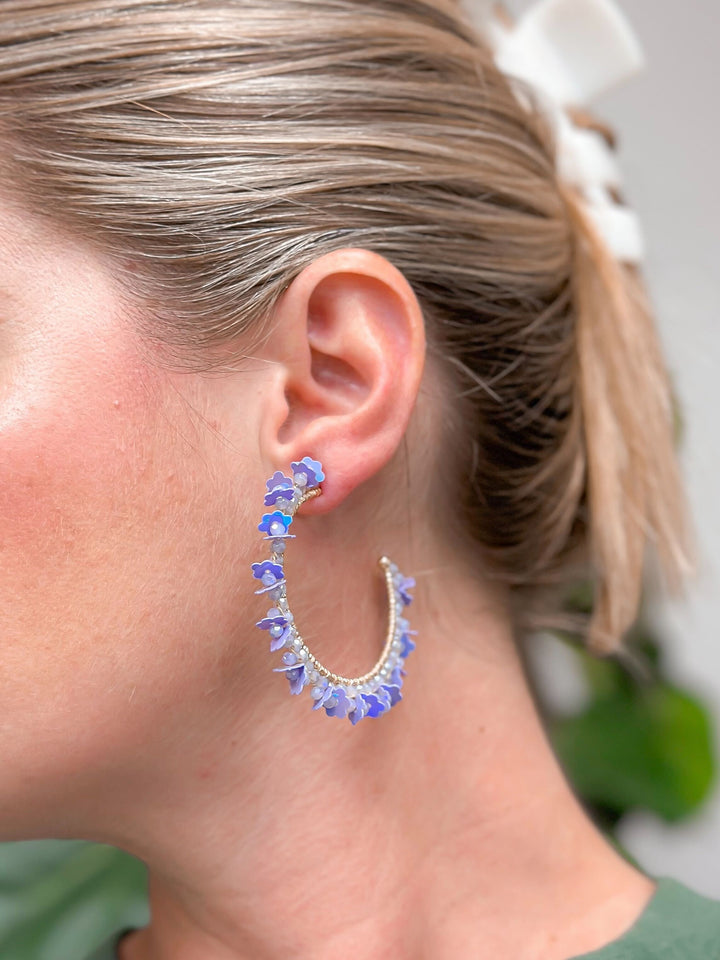 Flower Fringe Hoop Earrings - Lavender