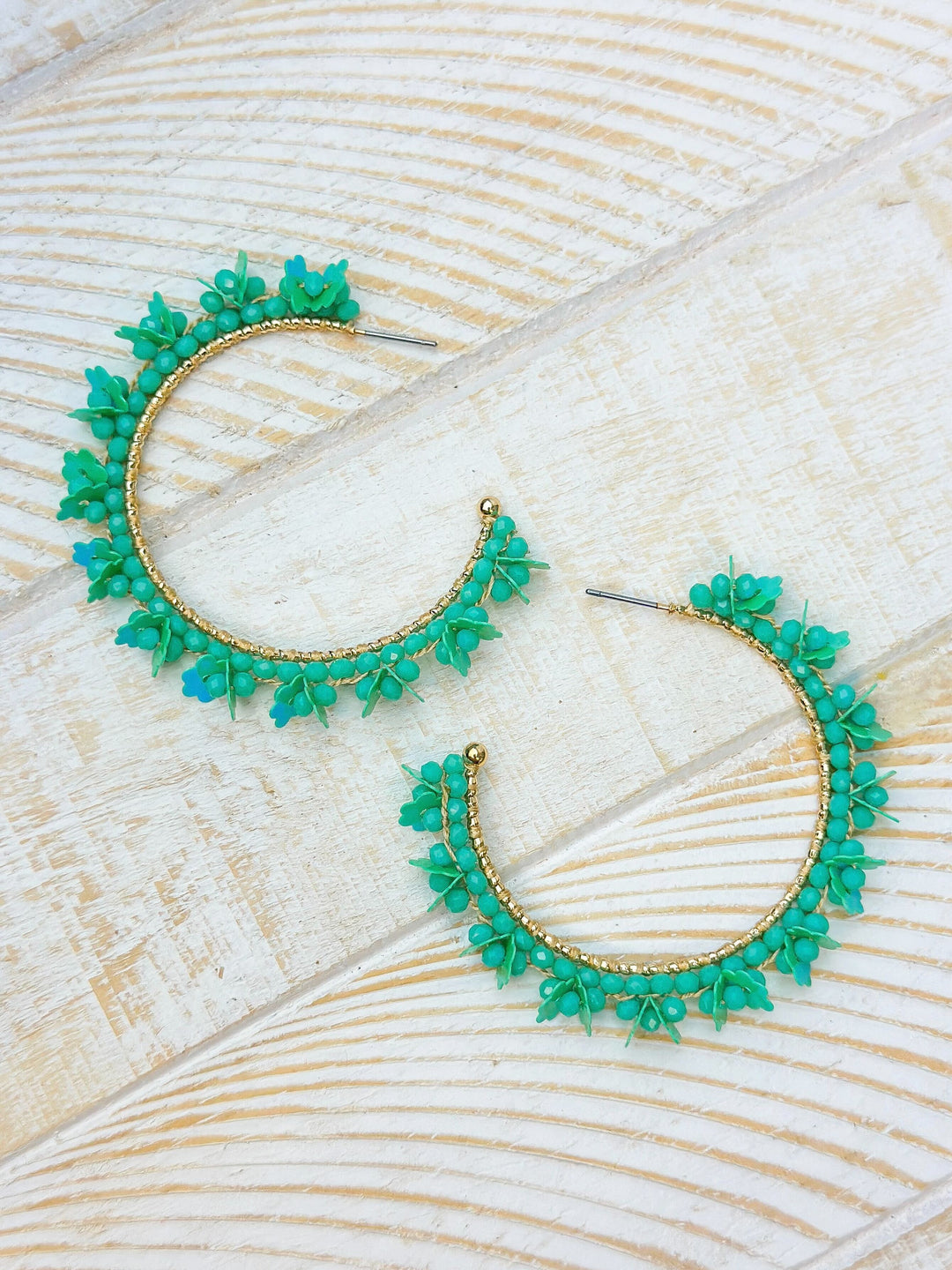 Flower Fringe Hoop Earrings - Green