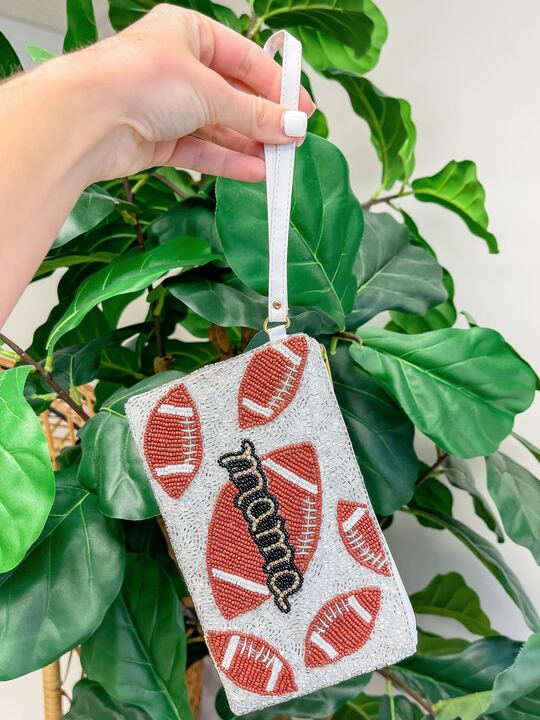 Glitzy Football Mama Beaded Zip Wristlet