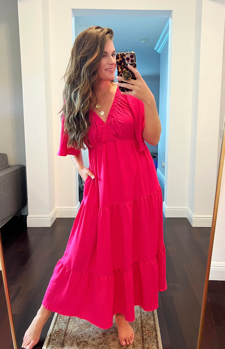 The Brunch Dress - Tiered Babydoll Maxi Dress - Hot Pink (Ships in 1-2 Weeks)