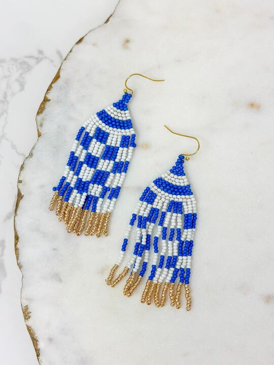 Game Day Seed Bead Fringe Dangle Earrings - Blue & White