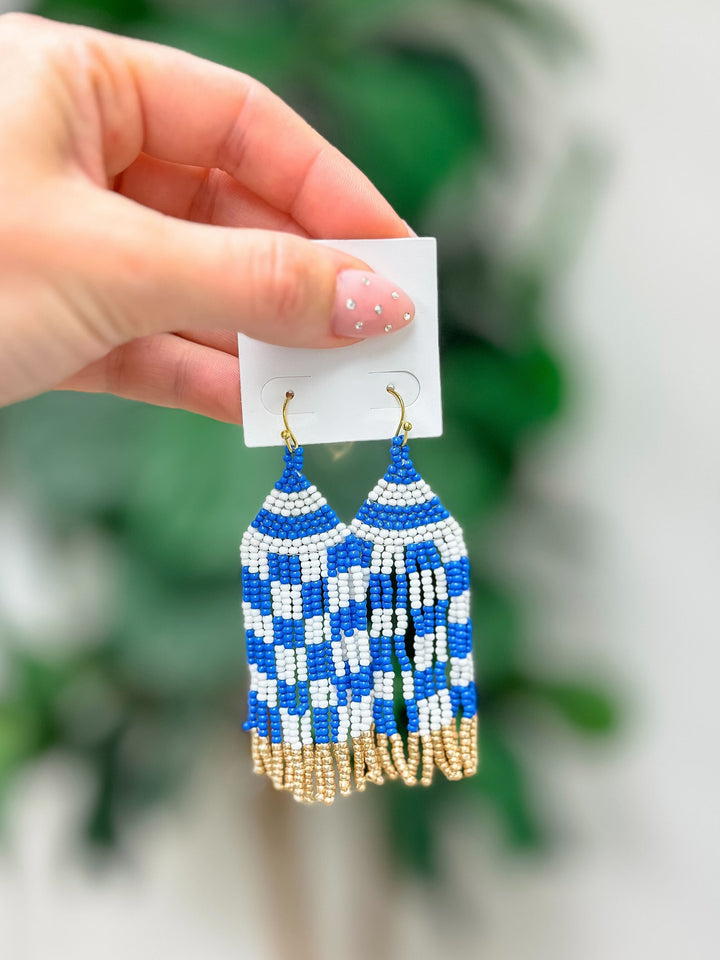 Game Day Seed Bead Fringe Dangle Earrings - Blue & White