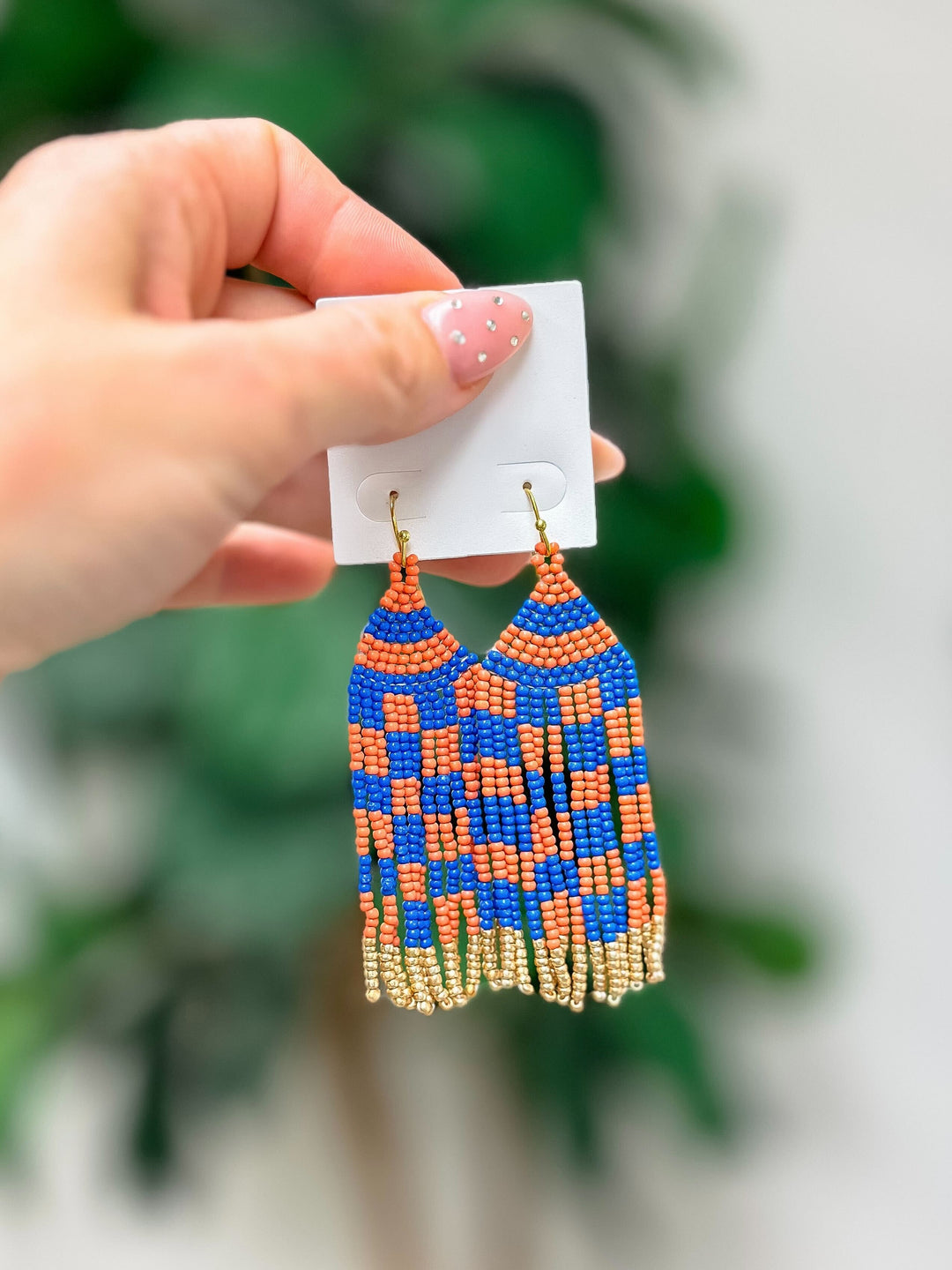 Game Day Seed Bead Fringe Dangle Earrings - Orange & Blue