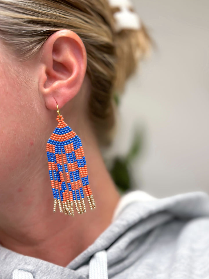 Game Day Seed Bead Fringe Dangle Earrings - Orange & Blue