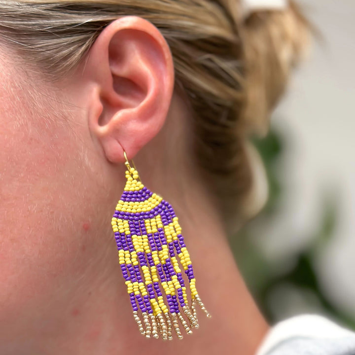 Game Day Seed Bead Fringe Dangle Earrings - Purple & Yellow