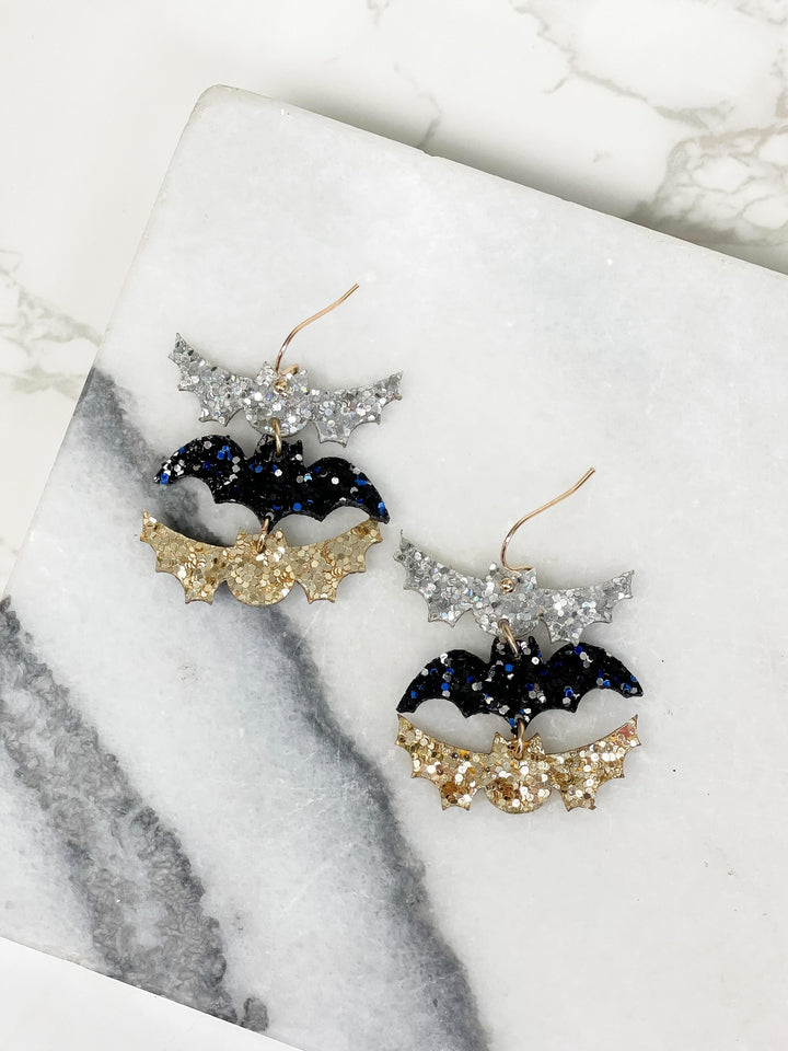 Glitter Bat Trio Dangle Earrings - Dark