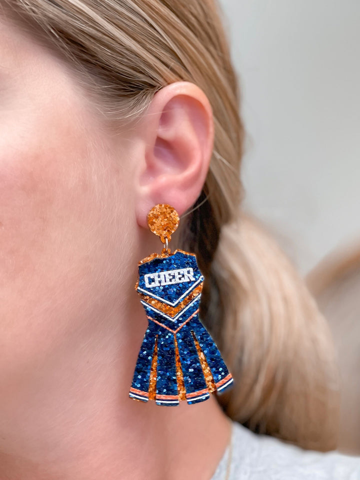 Glitter Cheerleader Dress Dangle Earrings - Navy & Orange