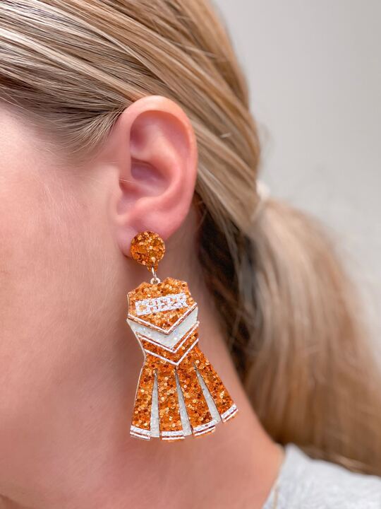 Glitter Cheerleader Dress Dangle Earrings - Orange & White