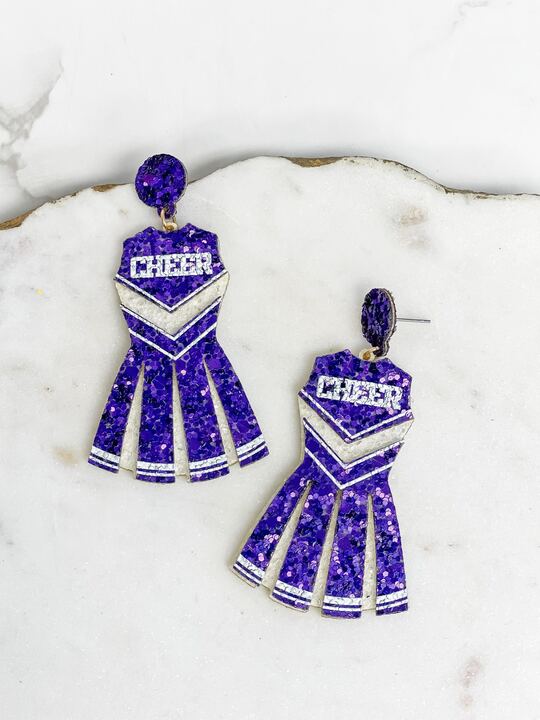 Glitter Cheerleader Dress Dangle Earrings - Purple & White