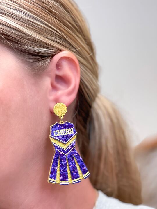 Glitter Cheerleader Dress Dangle Earrings - Yellow & Purple