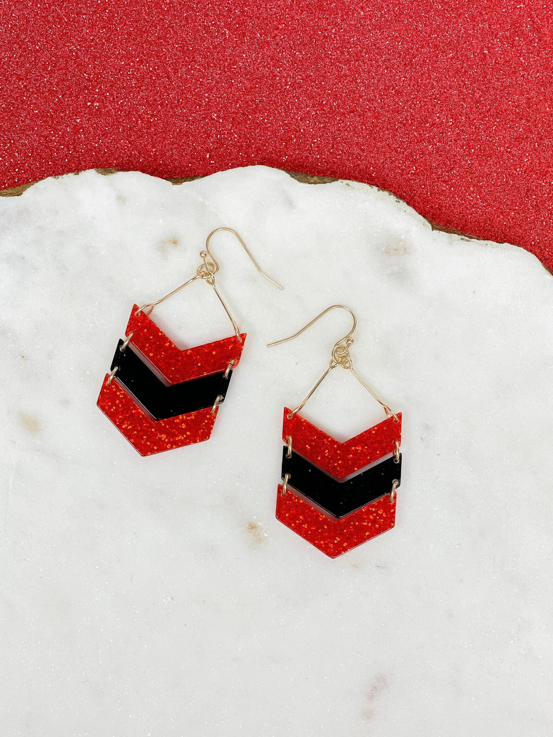 Glitter Game Day Arrow Dangle Earrings - Red & Black