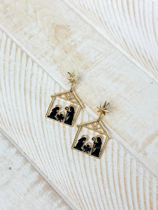 Gold Nativity Scene Dangle Earrings