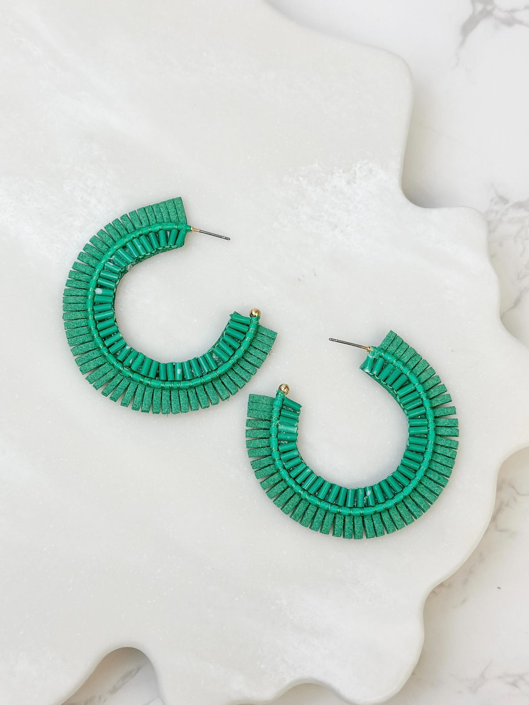 Suede Fringe Beaded Hoop Earrings - Green