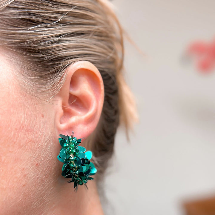 Shiny Sequin Hoop Earrings - Green