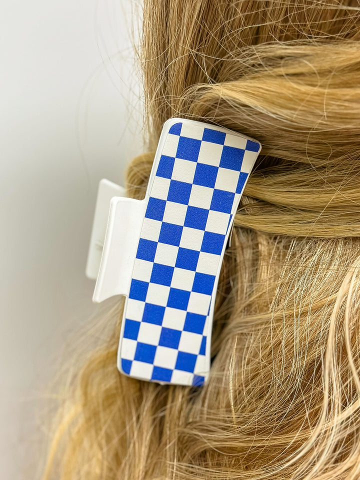 Game Day Large Checkered Hair Clip - Blue & White