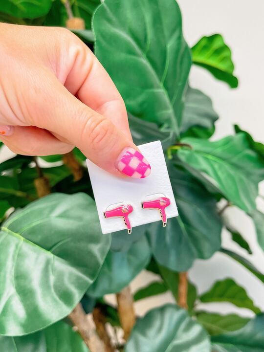 Hair Blow Dryer Signature Enamel Stud Earrings - Pink