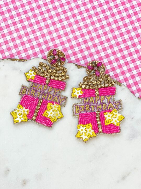 'Happy Birthday' Present Surprise Beaded Dangle Earrings