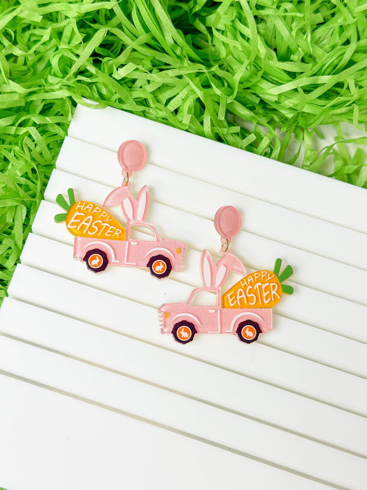 'Happy Easter' Bunny Truck Dangle Earrings