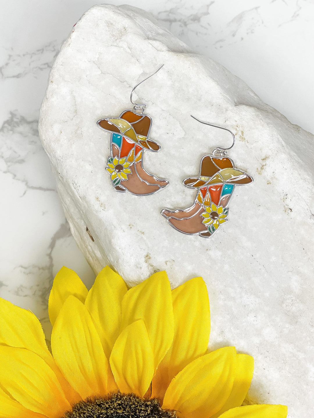 Sunflower Enamel Cowboy Dangle Earrings