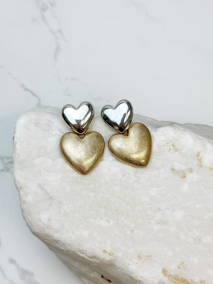 Double Heart Stacked Dangle Earrings