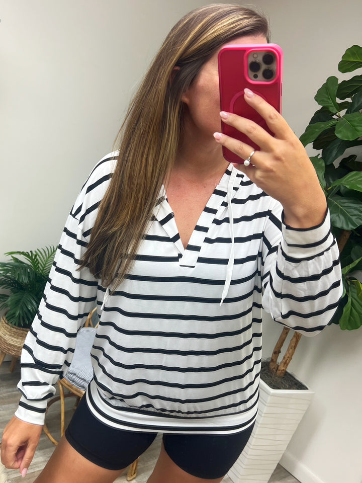 Drawstring Striped Long Sleeve V-Neck Hoodie (Ships in 2-3 Weeks)