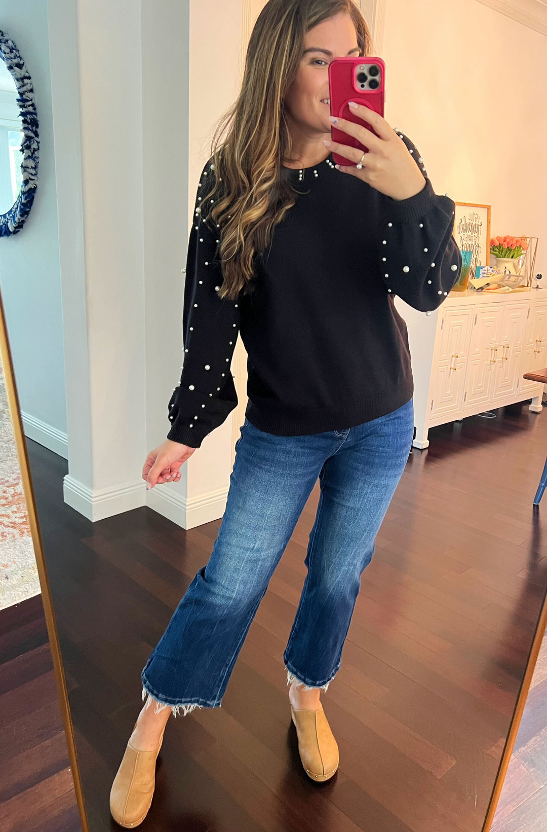 Bella Pearl Sleeve Round Neck Sweater - Choice of Color (Ships in 2-3 Weeks)