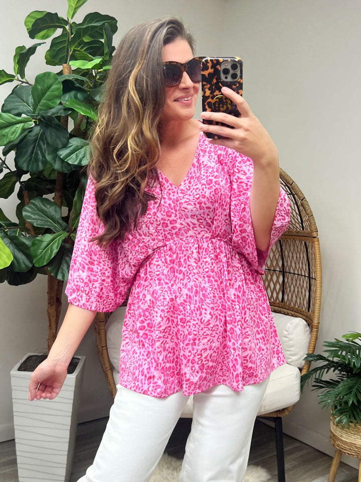 Dreamer Peplum Top in Pink Leopard