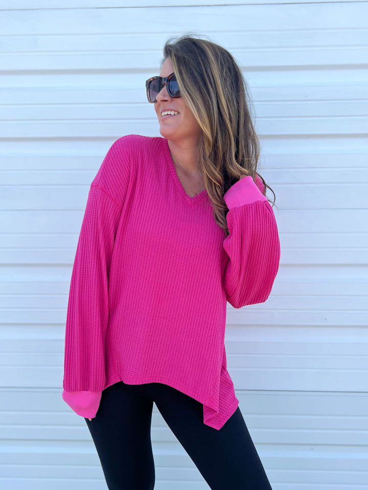 Eliza Slouchy Waffle V Neck Drop Shoulder Top - Hot Pink (Ships in 2-3 Weeks)