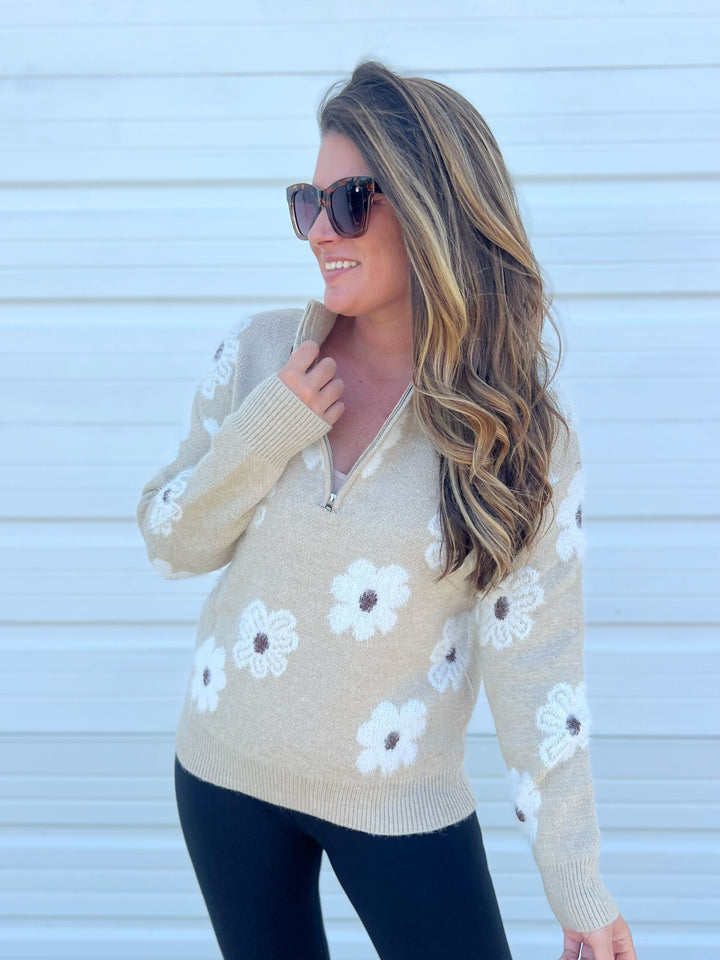 Sandi Floral Quarter Zip Sweater (Ships in 2-3 Weeks)