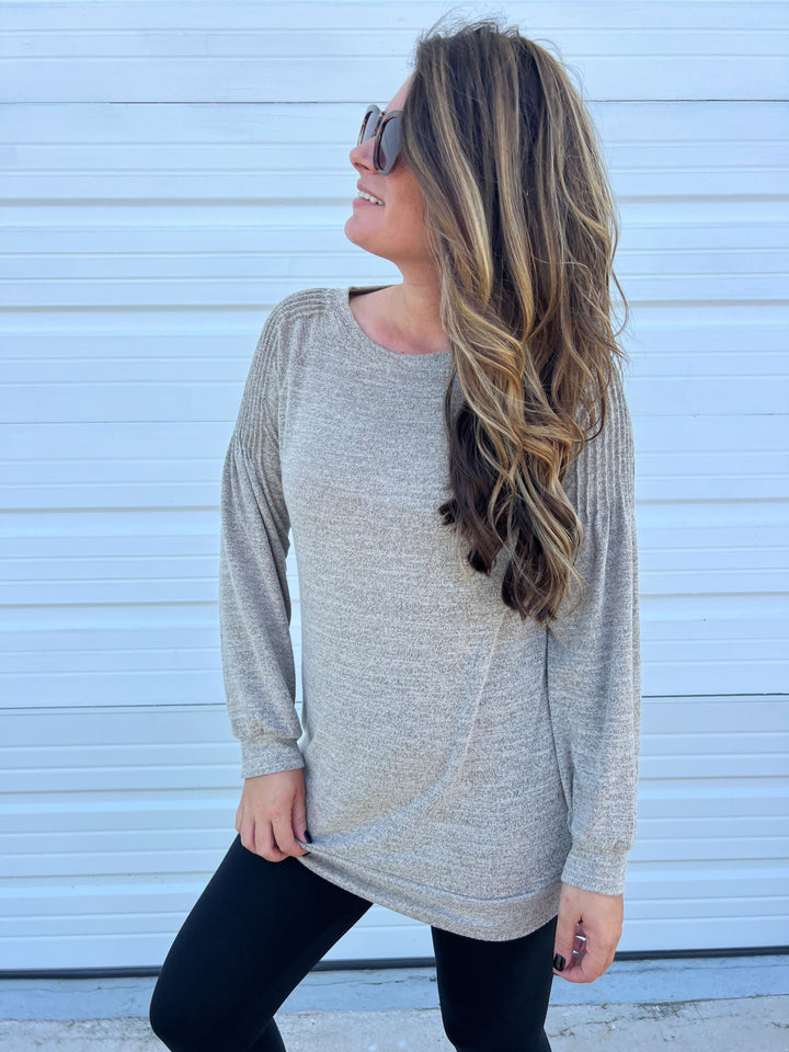 Ribbed Shoulder Cozy Hacci Long Sleeve (Ships in 2-3 Weeks)