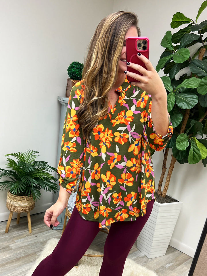 Lizzy Top in Olive and Mustard Floral