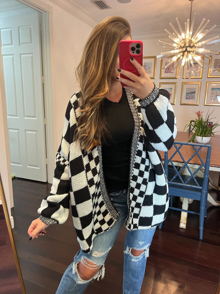 Checkered Open Front Boyfriend Cardigan (Ships in 2-3 Weeks)