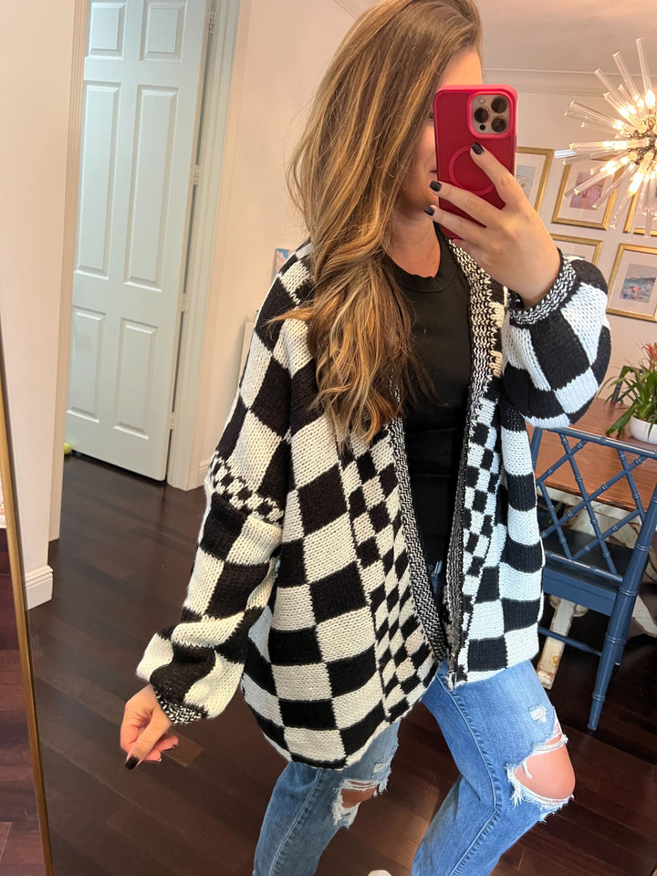 Checkered Open Front Boyfriend Cardigan (Ships in 2-3 Weeks)