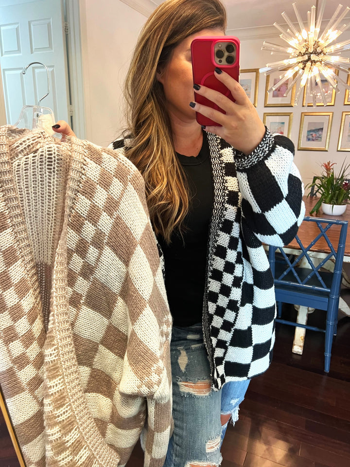 Checkered Open Front Boyfriend Cardigan (Ships in 2-3 Weeks)