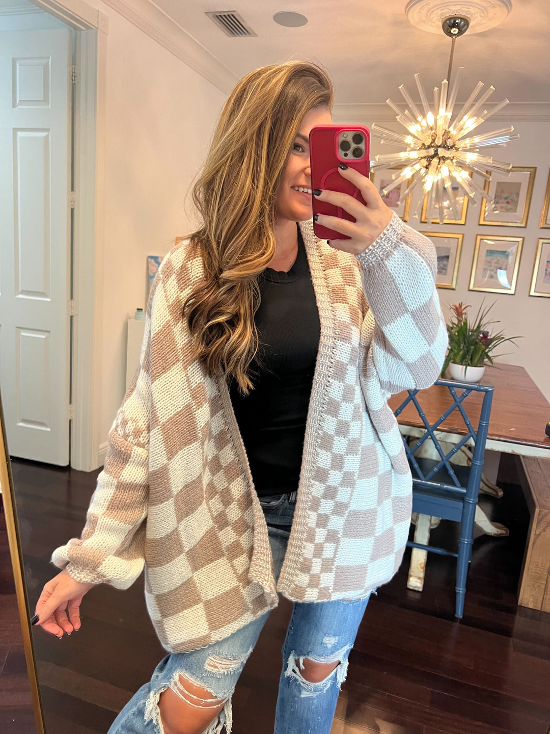 Checkered Open Front Boyfriend Cardigan (Ships in 2-3 Weeks)