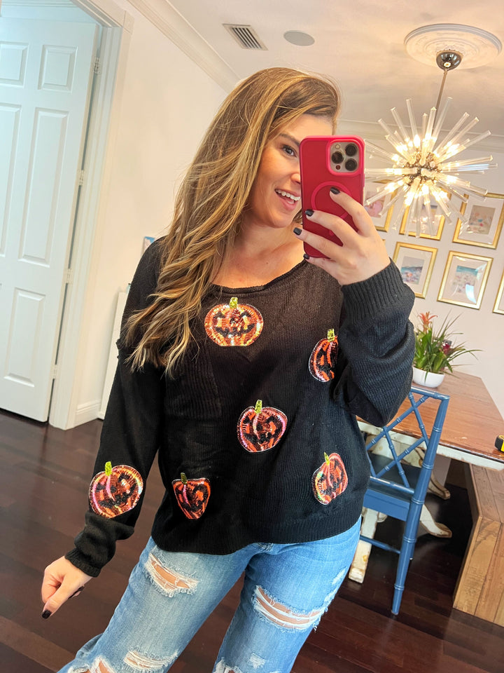 Slouchy Sequin Jack-O-Lantern Loose Knit Sweater (Ships in 2-3 Weeks)