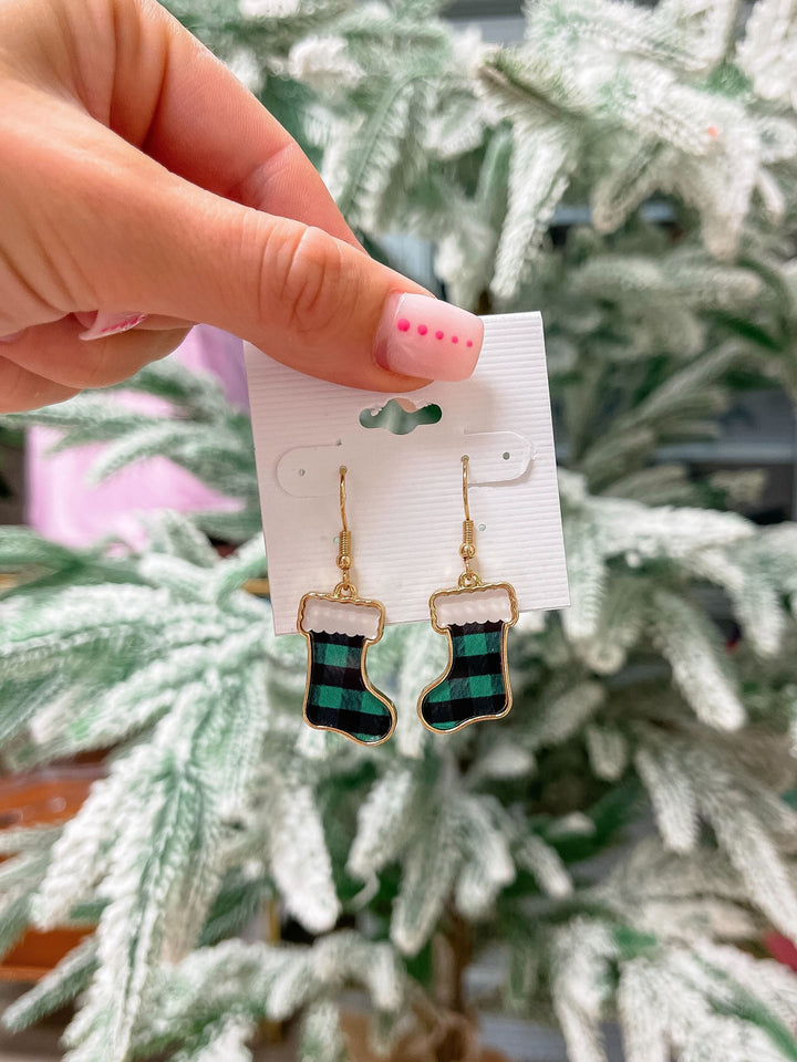 Printed Stocking Dangle Earrings - Green Buffalo Check