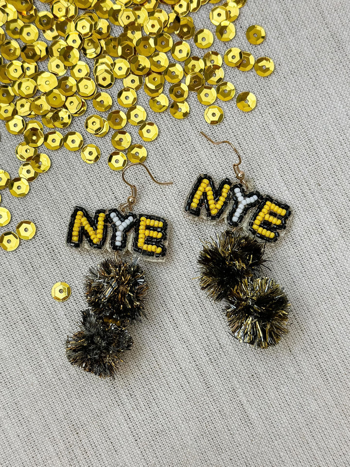 'NYE' Pom Pom Beaded Dangle Earrings