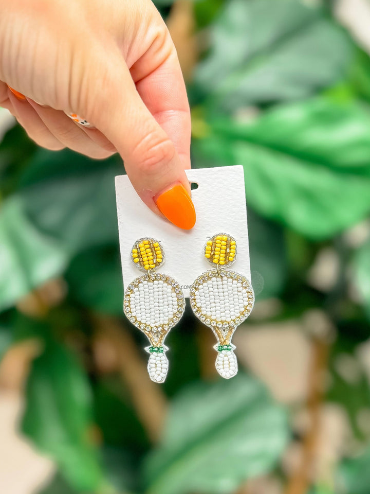 Glitzy Beaded Tennis Racket Dangle Earrings