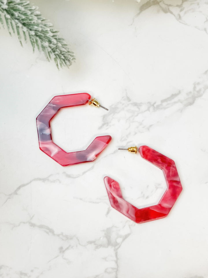 Marbled Geometric Hoop Earrings - Red