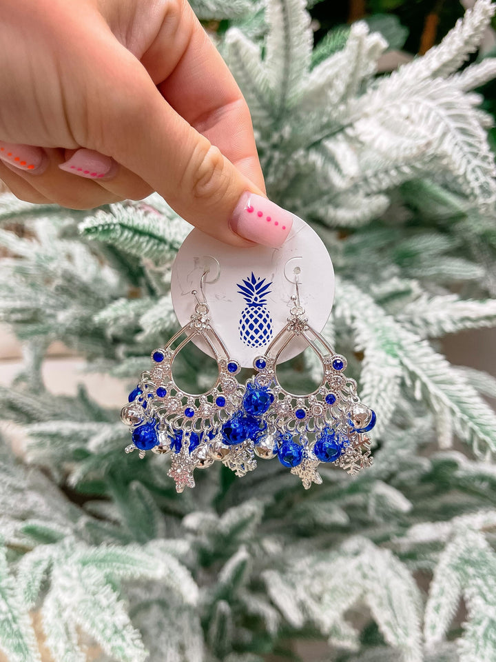 Glitzy Jingle Bell Statement Earrings - Blue & Silver