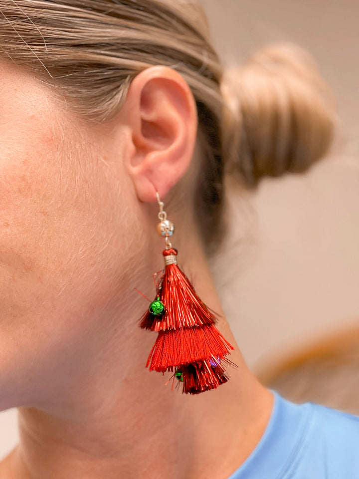 Christmas Tinsel Dangle Earrings - Red