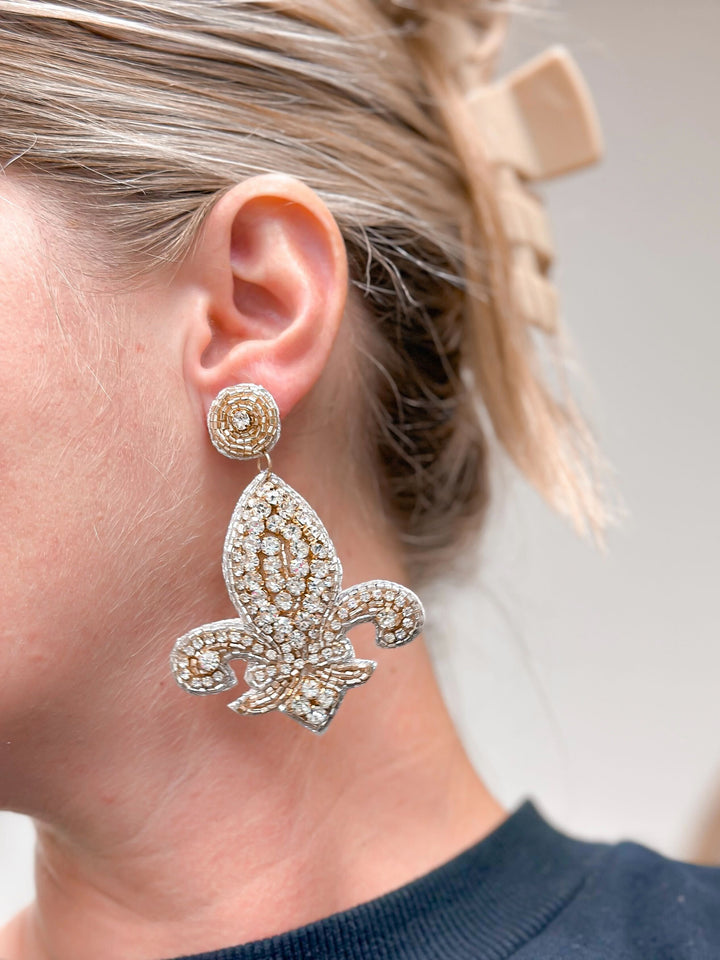 Rhinestone Fleur De Lis Statement Earrings