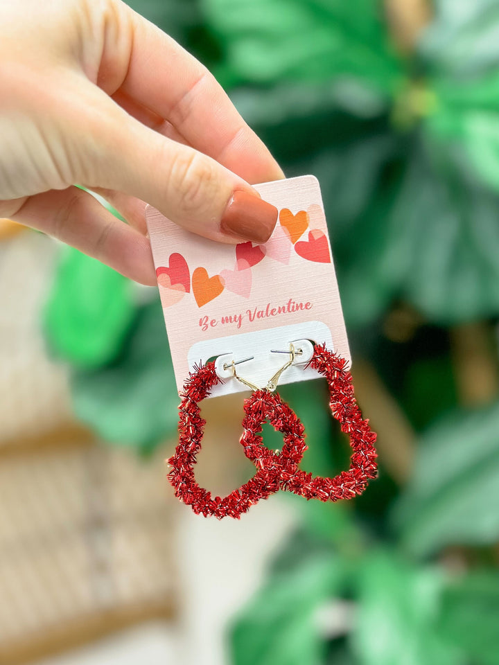 Tinsel Heart Hoop Earrings - Red