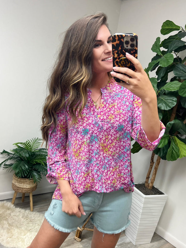 Lizzy Top in Pink and Aqua Ditsy Floral