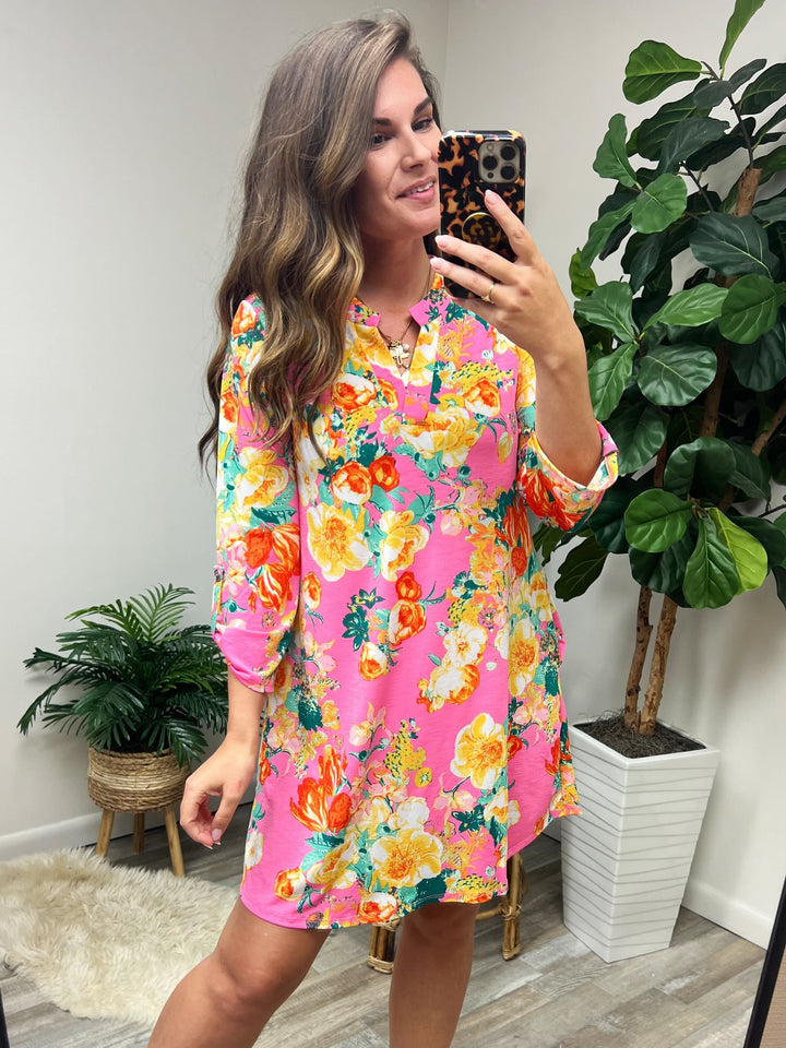 Lizzy Dress in Hot Pink and Yellow Floral