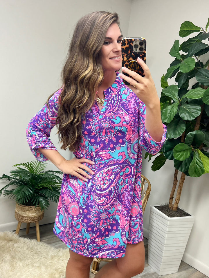 Lizzy Dress in Purple and Aqua Paisley