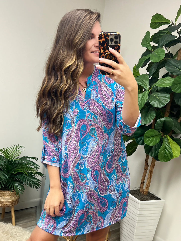 Lizzy Dress in Teal and Pink Paisley